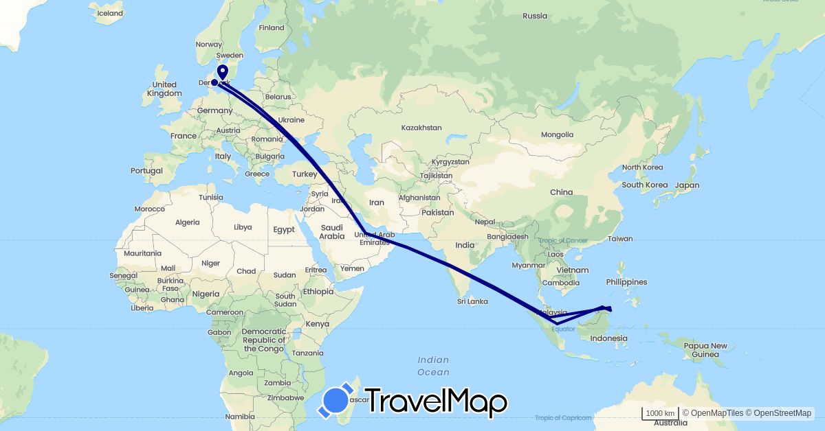 TravelMap itinerary: driving in Denmark, Malaysia, Qatar, Singapore (Asia, Europe)